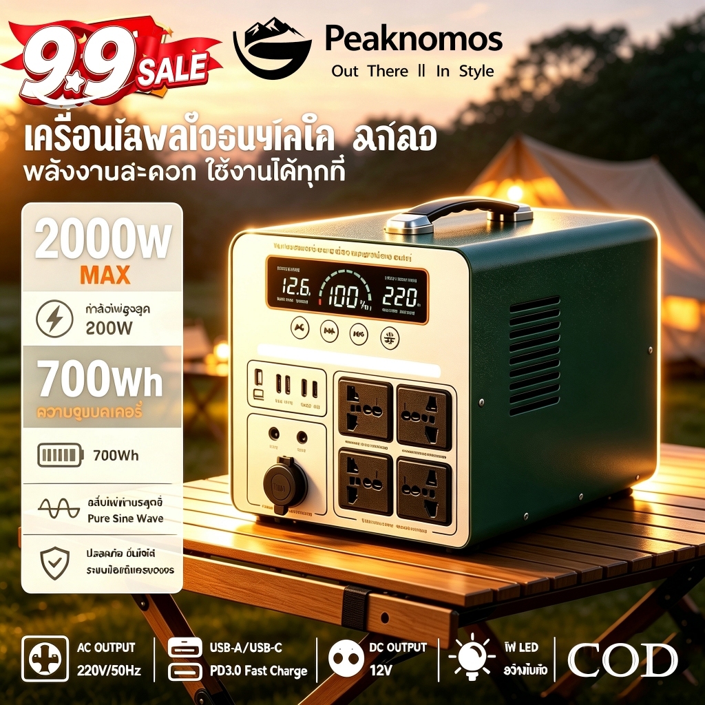 กล่องไฟพกพา 700W แบตสำรองฉุกเฉิน 220V รองรับชาร์จโซล่าเซลล์ พกง่าย เหมาะแคมป์ปิ้ง ออกเดินทาง