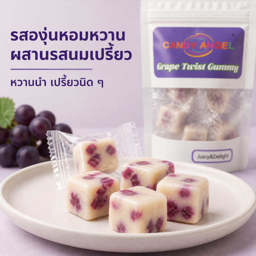 ลูกอม ขนมขายส่ง เยลลี่โยเกิร์ตผลไม้องุ่น เยลลี่องุ่นเคี้ยวหนึบ ขนมนำเข้า หอมหวานอมเปรี้ยว เนื้อนุ่ม อร่อยเพลิน แยกห่อทุก