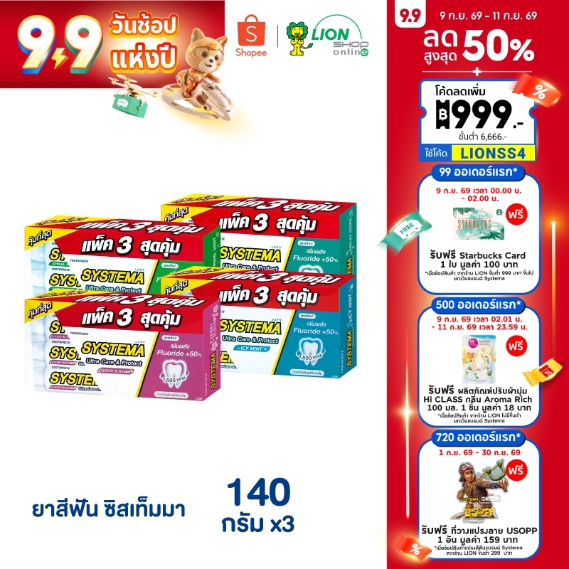[แพ็ค 3] Systema  ยาสีฟัน ซิสเท็มมา Ultra Care & Protect Icy Mint / Spring Mint / Maxi Cool / Cherry blossom 140 กรัม