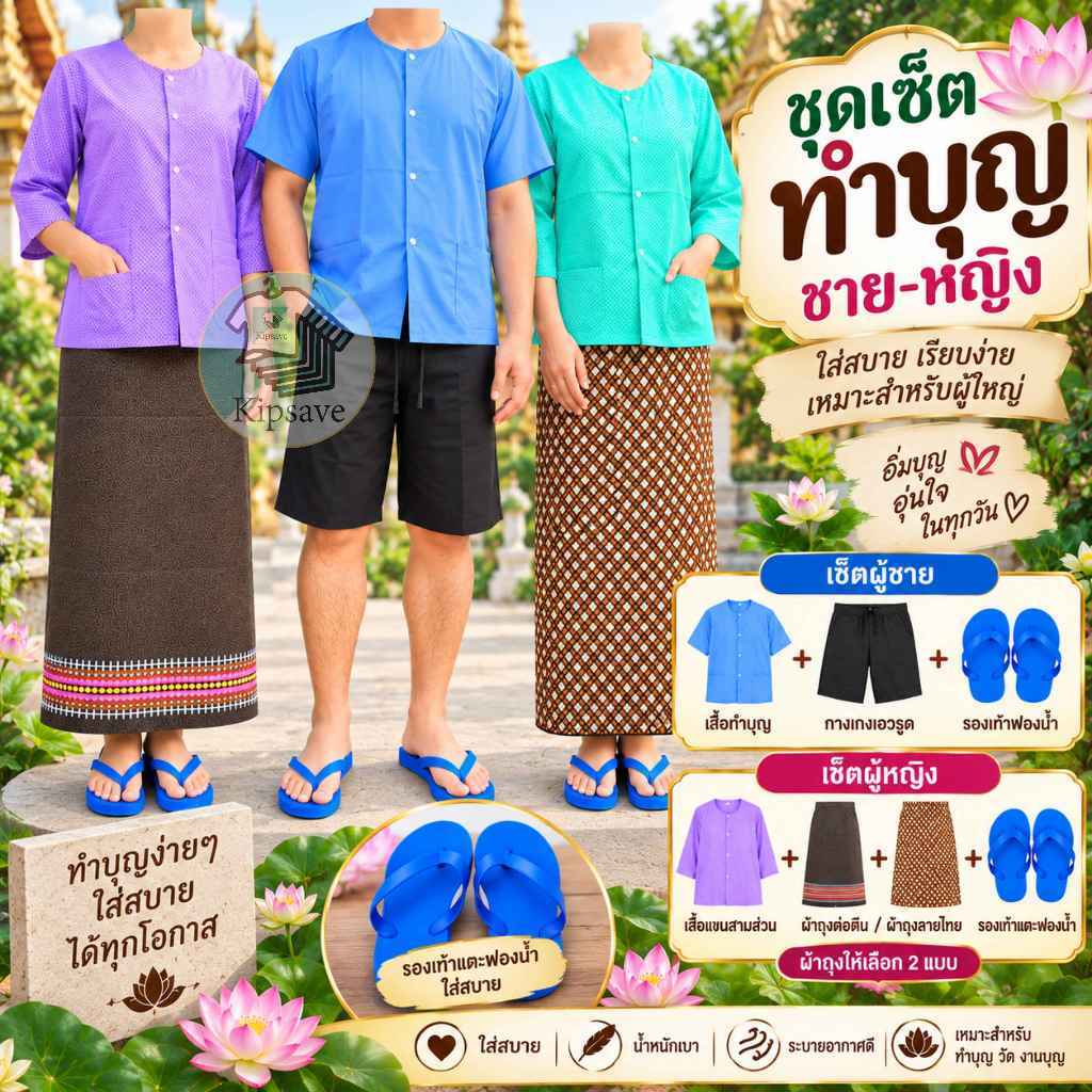 ชุดเซ็ททำบุญ ผู้ชาย ผู้หญิง ชุดไปวัดคนแก่ราคาถูก พร้อมส่ง (SET02)