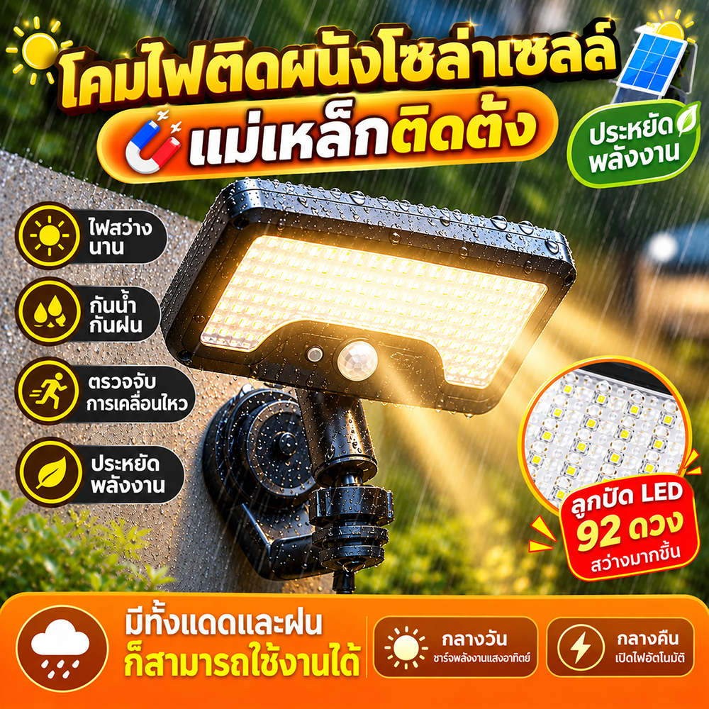 โคมไฟติดผนังโซล่าเซลล์ กันน้ำIP68 เซ็นเซอร์จับการเคลื่อนไหว พลังงานแสงอาทิตย์ ชาร์จ USB Type-C เหมาะสำหรับใช้งานกลางแจ้ง