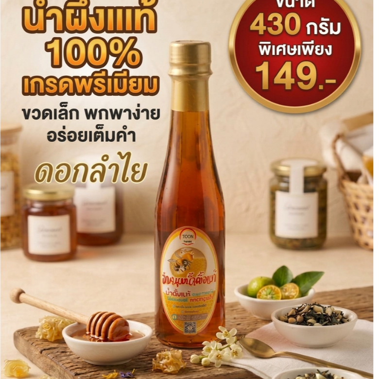 น้ำผึ้งแท้ 100% น้ำผึ้งดอกลำไย เกรดส่งออกเกาหลี จีน ไต้หวัน ขวดเล็ก พกพาง่าย 430g (300 ml) เกรดทำยา/เครื่องสำอาง ขวด PET