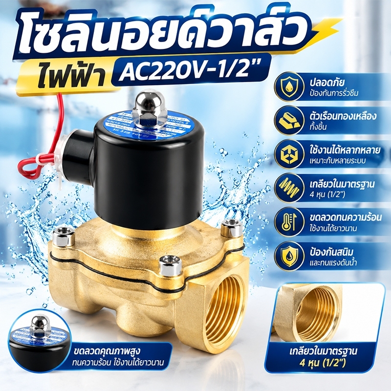 โซลินอยด์วาล์วทองเหลือง 1/2"(4หุน) AC220V แบบปกติปิด NC วาล์วไฟฟ้า โซลินอยด์วาล์วน้ำ สำหรับควบคุมน้ำและแก๊ส