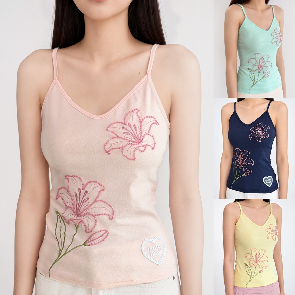 AMITY HAUS - LILIANA CAMI TOP (สายเดี่ยวรัดรูป ปักดอกลิลลี่ และลูกไม้รูปหัวใจ นุ่มสบาย)