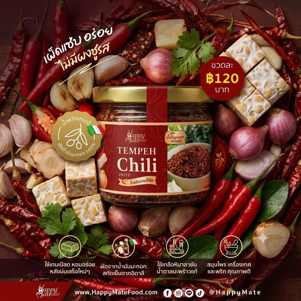 HappyMate Tempeh Chili Paste / น้ำพริกเทมเป้ผัดน้ำมันมะกอก ขนาด 75 กรัม ไม่ใส่ผงชูรสและสารกันบูด!!!