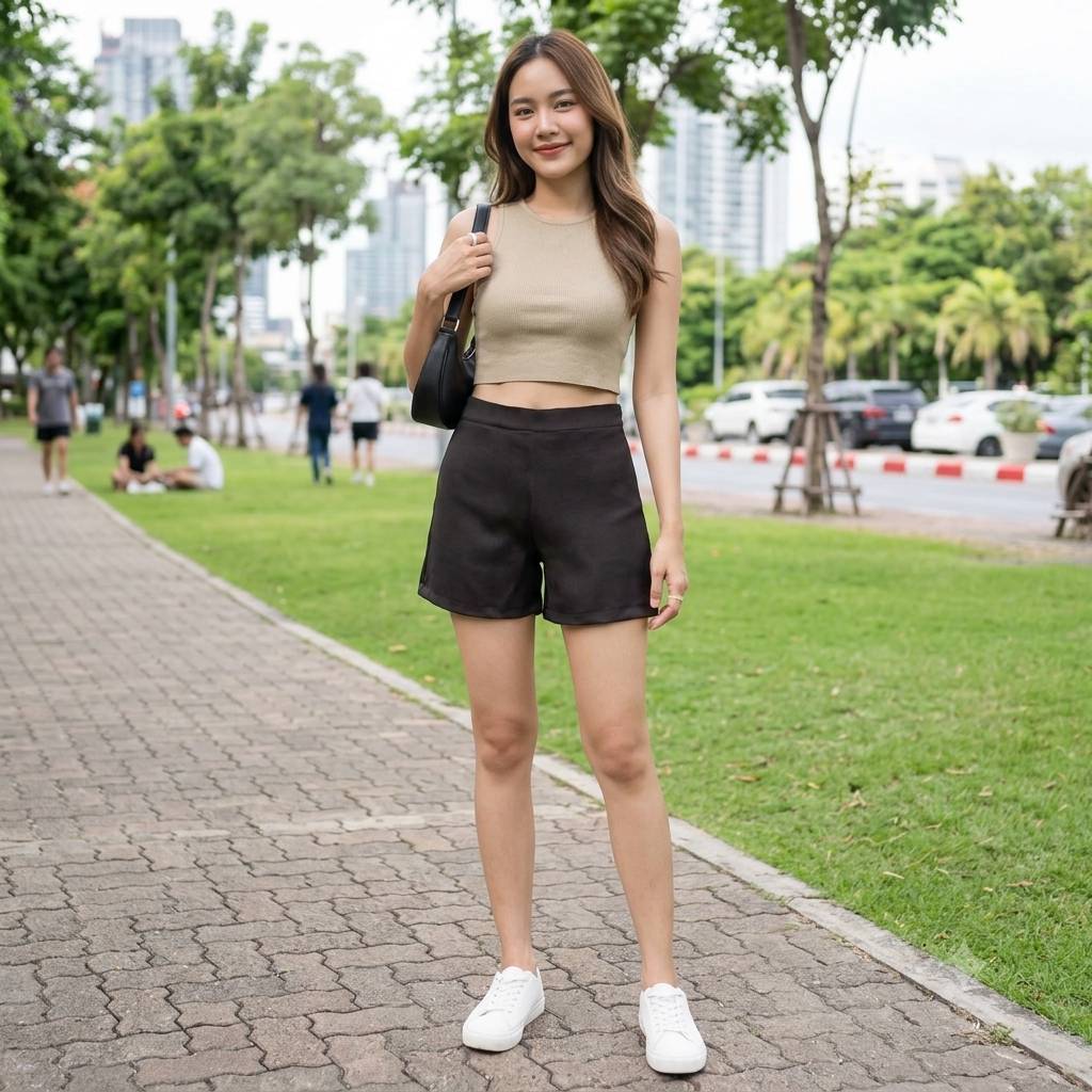 กางเกงขาสั้นผู้หญิง มีขอบซิปข้าง (ผ้าฮานาโกะ) (S-5XL)