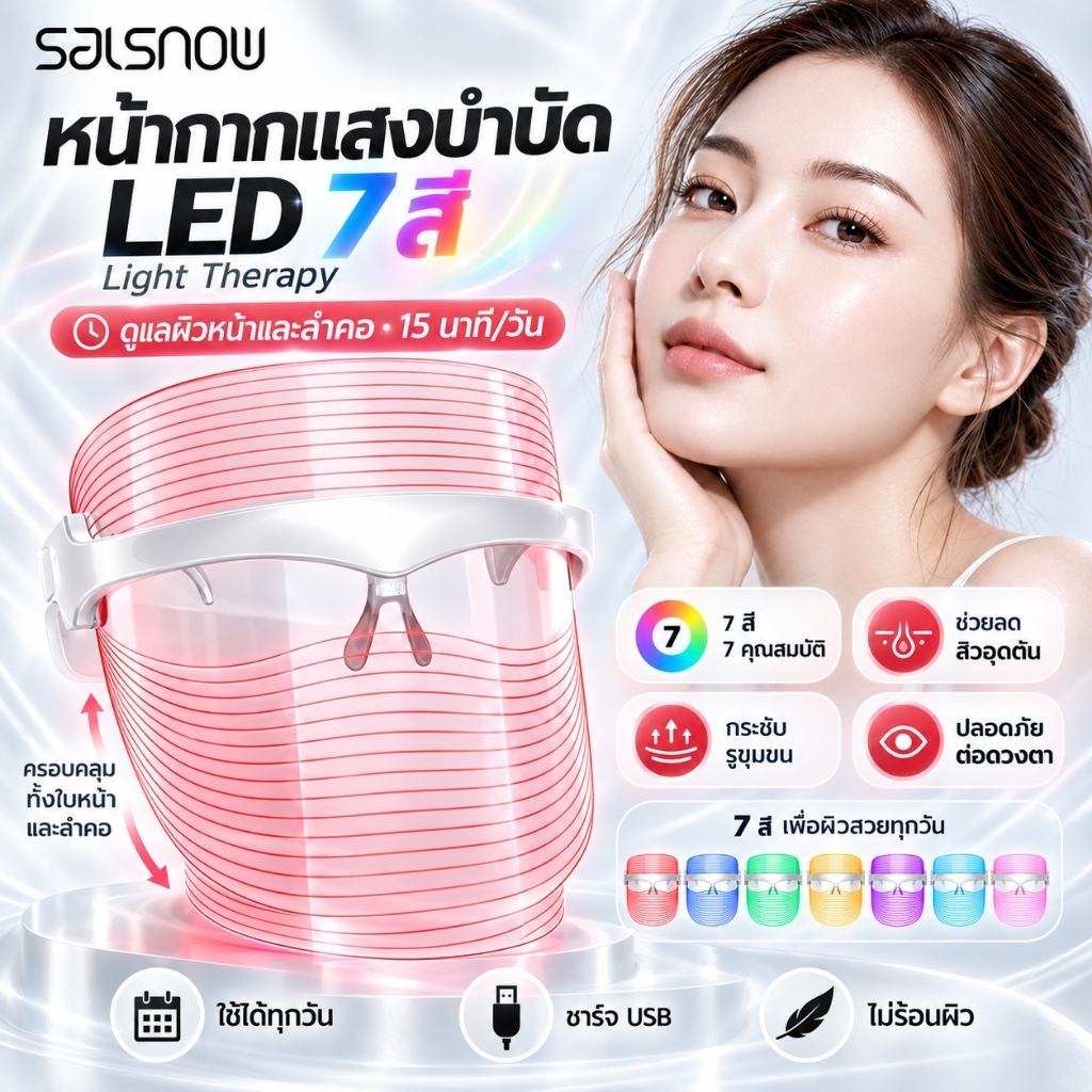 SALSNOW หน้ากาก LED แสงบำบัด 7 สี ลดสิว กระชับรูขุมขน ผิวขาวใส ฟื้นฟูคอลลาเจน ใช้เองที่บ้าน 15 นาที/