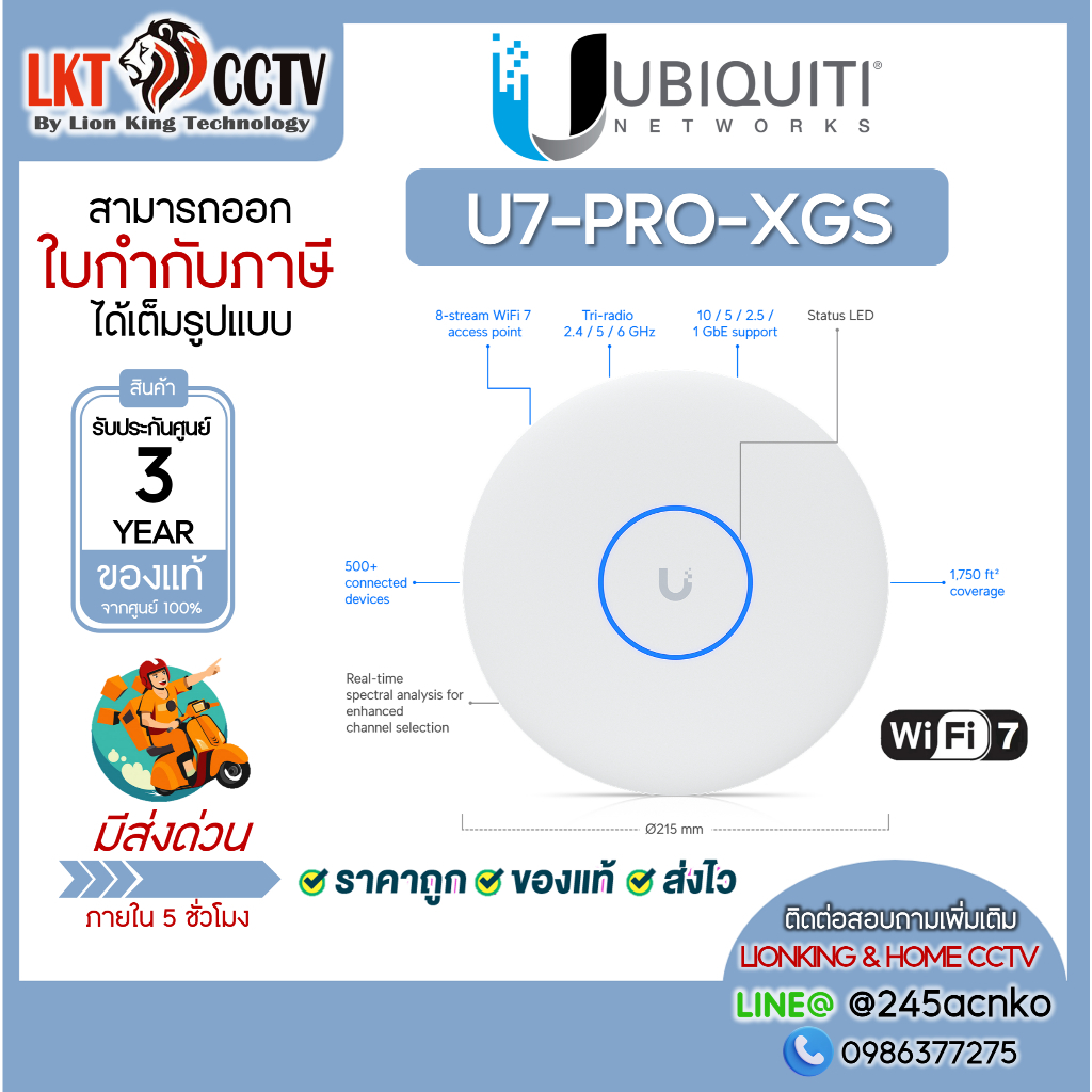 UBiQUiTi ยูบิคิวตี้ อุปกรณ์กระจายสัญญาณไร้สาย UniFi Access Point Flagship รุ่น U7 Pro XGS (U7-PRO-XG