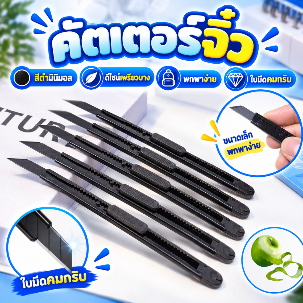 K03คัตเตอร์จิ๋ว สีดำมินิมอล ดีไซน์เพรียวบาง พกพาง่าย ใบมีดคมกริบ