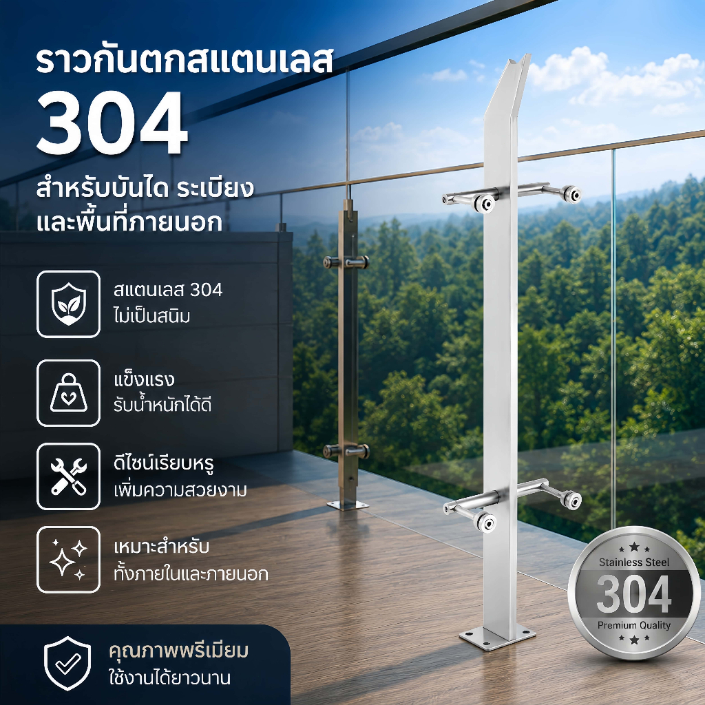 เสาสแตนเลส เสาหนีบกระจก เสาราวกันตก สำเร็จรูป งานไทย สแตนเลสเกรด304 (แถมฝาครอบตีนเสาทุกต้น) ราคา 1 ต้น