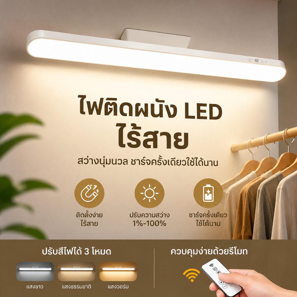 โคมไฟแม่เหล็ก โคมไฟตั้งโต๊ะ LED ไฟอ่านหนังสือ ปรับได้ 3 แสง แม่เหล็กดูดติด ไม่ต้องเจาะผนัง