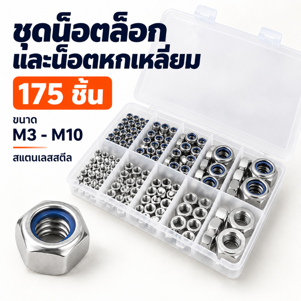 ชุดน็อตสแตนเลส304 175ชิ้น M3-M10 น็อตล็อกไนลอน น็อตหกเหลี่ยม ชุดน็อตตัวเมีย สแตนเลส พร้อมกล่อง สำหรับงาน DIY