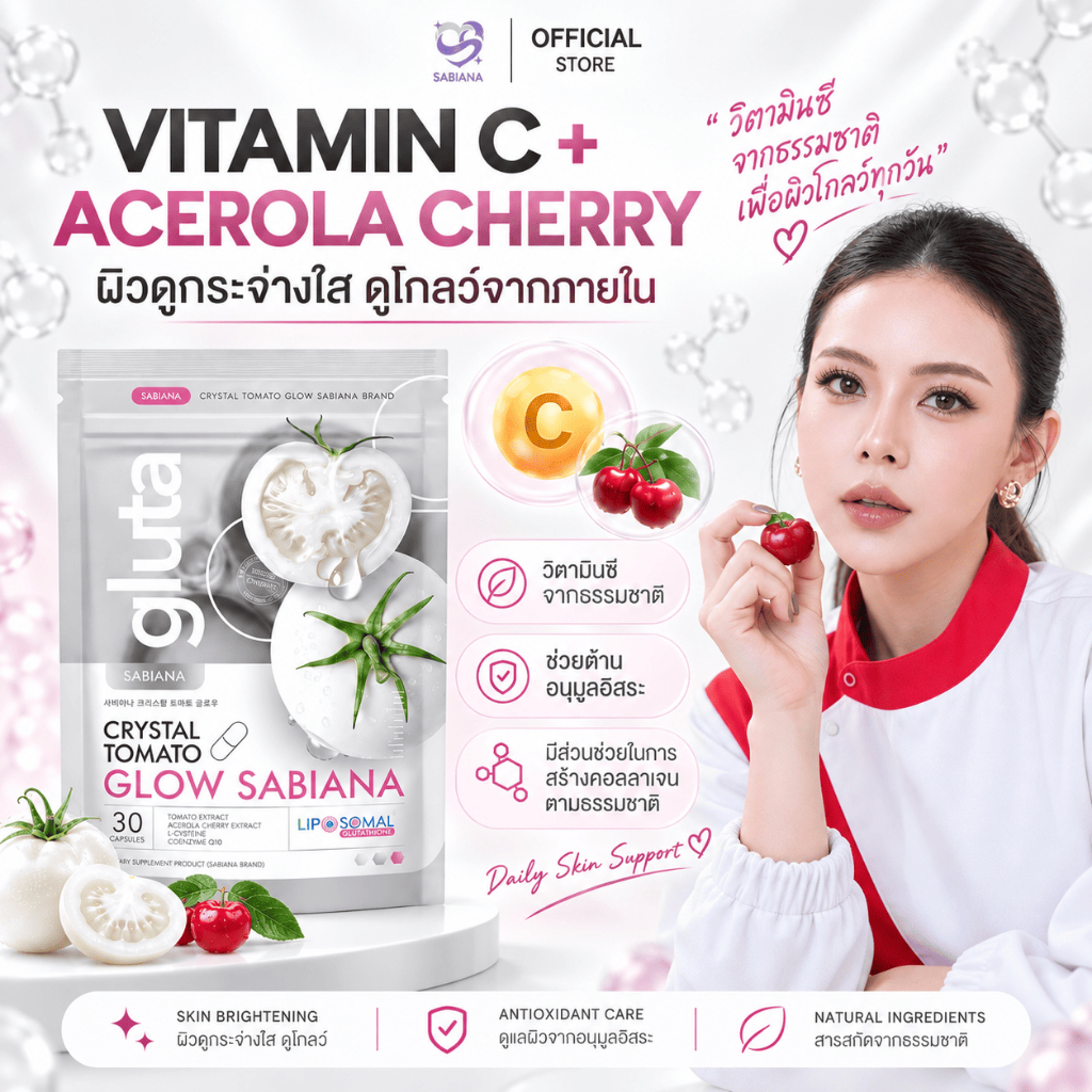 (ของแท้) SABIANA CRYSTAL TOMATO WHITECOMPLEX ซาเบียน่า กลูต้า มะเขือเทศสีขาว (1 ห่อ 30 แคปซูล)