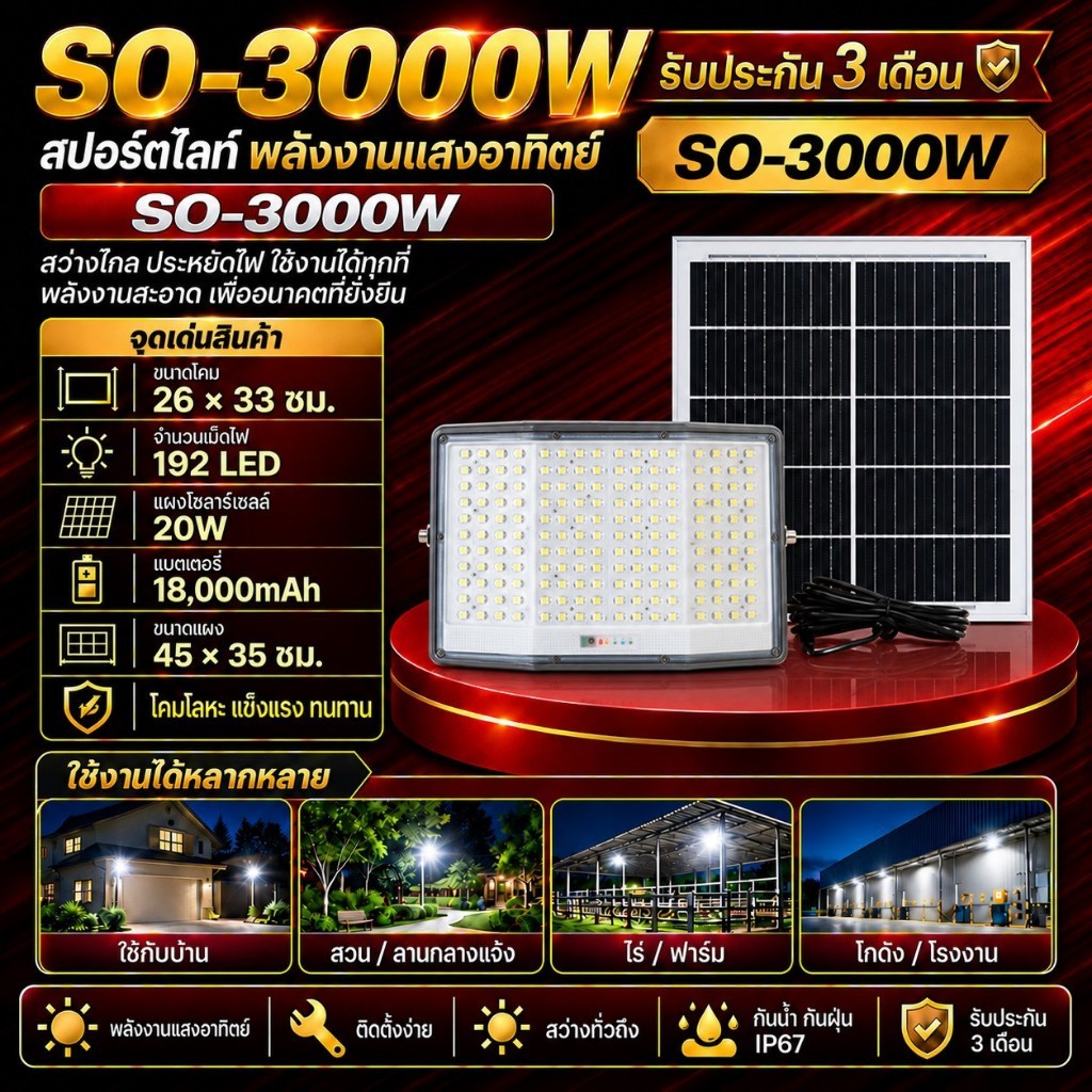 ไฟโซล่าเซลล์ ไฟสปอร์ตไลท์ SO 3000W 2000W 1500W 800W แสงขาว สว่างถึงเช้า ไฟภายนอก