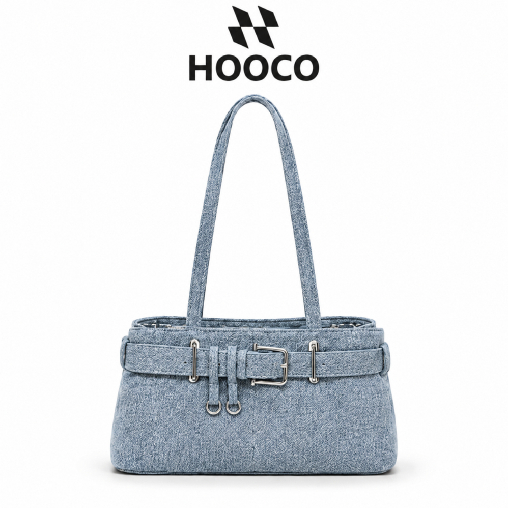 HOOCO กระเป๋าผู้หญิง กระเป๋าสะพายไหล่แฟชั่น ทรงยาว ผ้าเดนิม น้ำหนักเบา ใส่ของได้เยอะ 4 สี