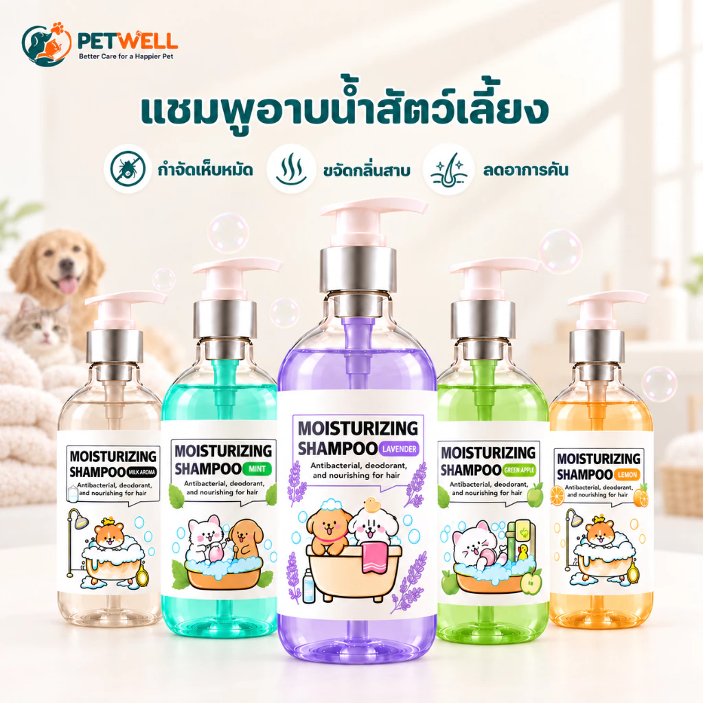 แชมพูสัตว์เลี้ยง PETWELL สูตรป้องกันเห็บและไรแมลง 500 มล. ช่วยให้ขนสัตว์นุ่มและเงางาม