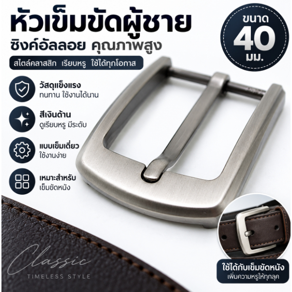 หัวเข็มขัดผู้ชาย 40 มม. ซิงค์อัลลอย แบบเข็มเดี่ยว สีเงินด้าน สำหรับเข็มขัดหนัง ทนทาน สไตล์คลาสสิก