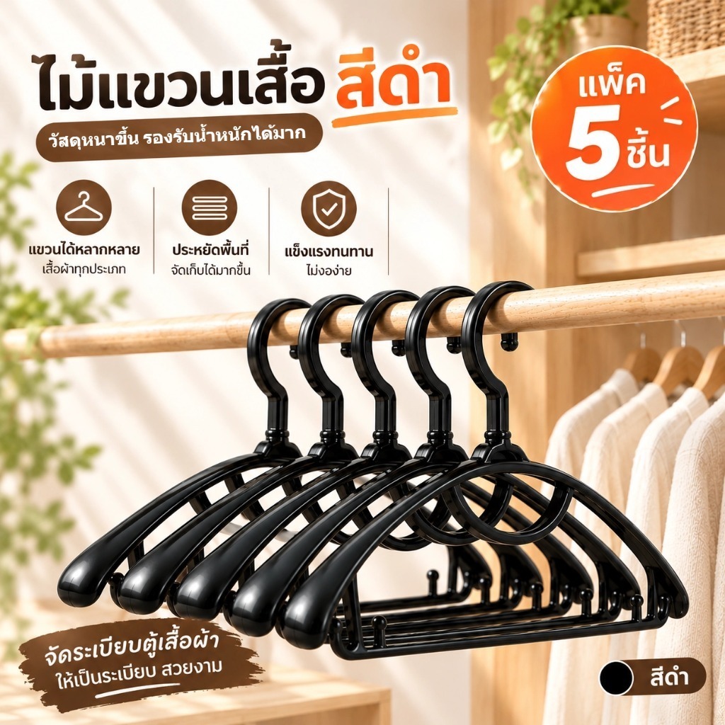 HOKEMP ไม้แขวนเสื้อพลาสติกแบบหนาพิเศษ ไหล่กว้างแข็งแรง พร้อมห่วงเล็ก 2 ช่องสำหรับแขวนชุดชั้นใน/สายเดี่ยว