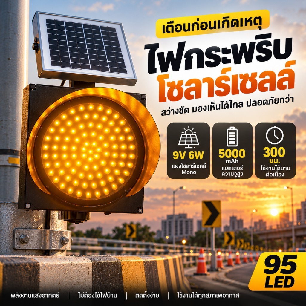 ไฟกระพริบโซล่าเซลล์ 90LED 30cm Solar Cell ไฟกระพริบ สีเหลือง ไฟเตือนสีเหลือง พลังงานแสงอาทิตย์ ไฟสัญญาณเตือนภัย