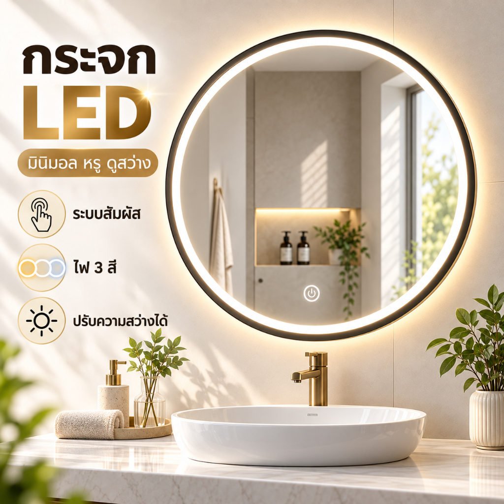 กระจก LED ห้องน้ำ ทรงกลม ติดผนัง ระบบสัมผัส ไฟ 3 สี ปรับความสว่างได้ กระจกแต่งหน้า สไตล์มินิมอล 40 50 60 70 ซม.