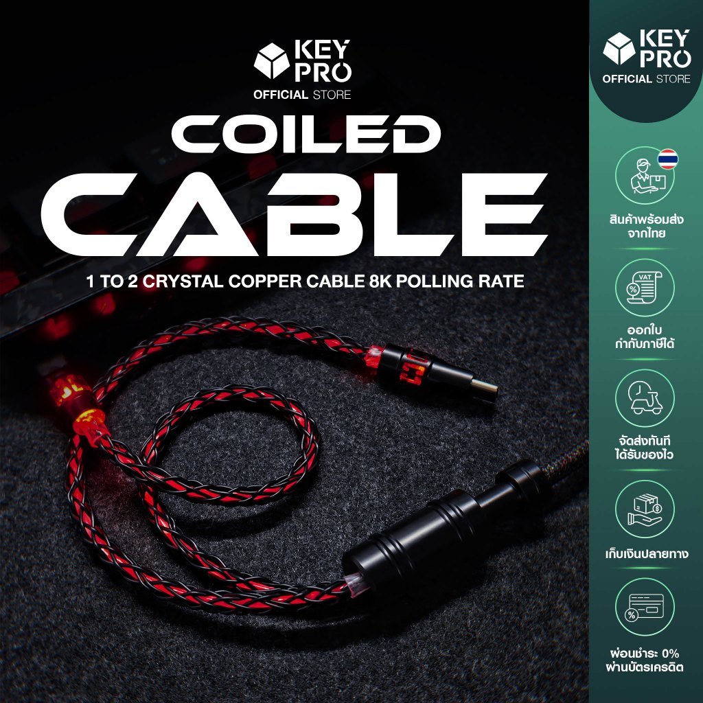 สายถัก Custom Coiled Cable 1-to-2 Crystal Copper Cable 8k Polling rate USB Type C to A แถมฟรีพร้อมกร