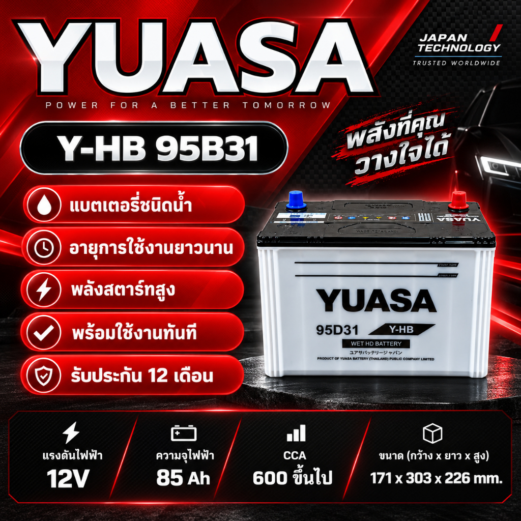 แบตเตอรี่รถยนต์ YUASA รุ่น Y-HB (95D31) R/L ชนิด Hybrid แบตเตอรี่น้ำ พร้อมใช้งาน 12V 80Ah