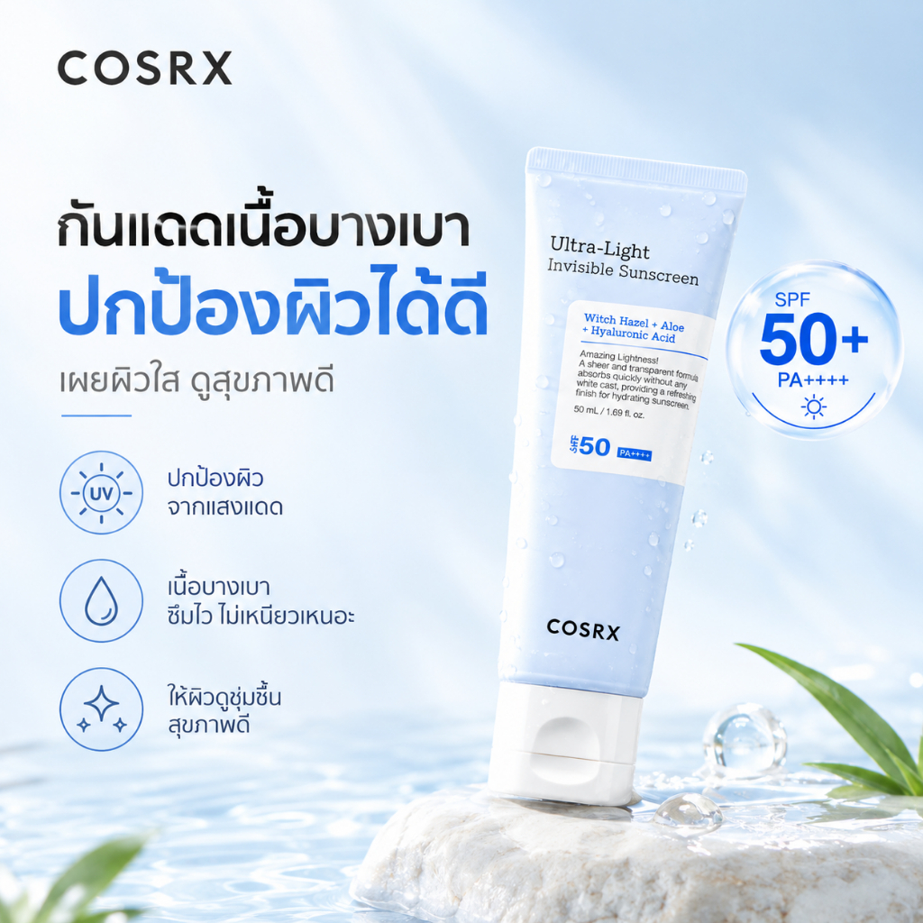100% แท้ / พร้อมส่ง กันแดด COSRX Ultra-Light Invisible SPF50 PA++++ เนื้อบางเบา ซึมเร็ว ไม่ทิ้งคราบขาว 50ml