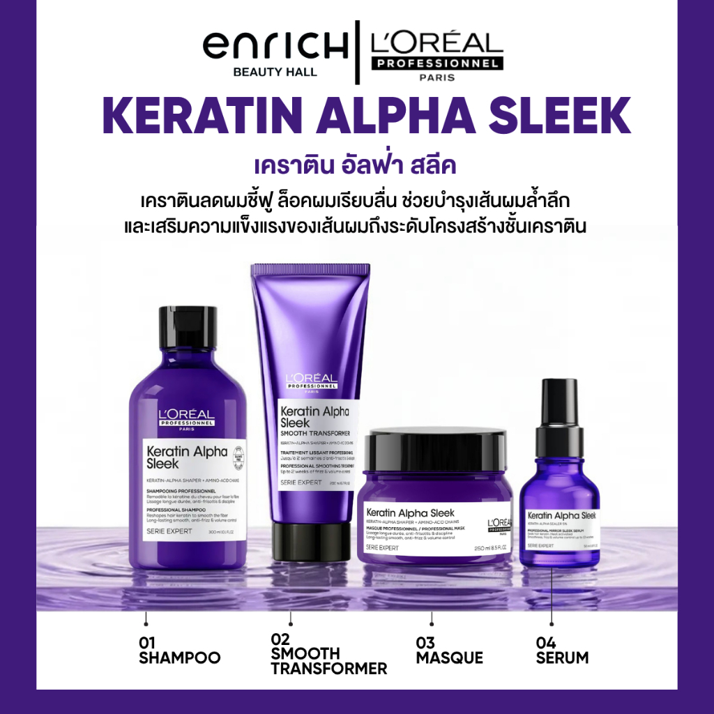 L'oreal Keratin Alpha Sleek เคราติน อัลฟ่า สลีค แชมพู มาส์ก เซรั่ม ลดผมชี้ฟู ล็อคผมเรียบลื่น
