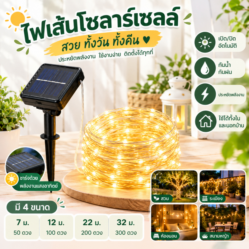 ไฟเส้น LED โซลาร์เซลล์ สำหรับแต่งสวน ระเบียง แคมป์ งานเลี้ยง ประหยัดพลังงาน กันน้ำ IP65 มี 50/100/200/300 LED
