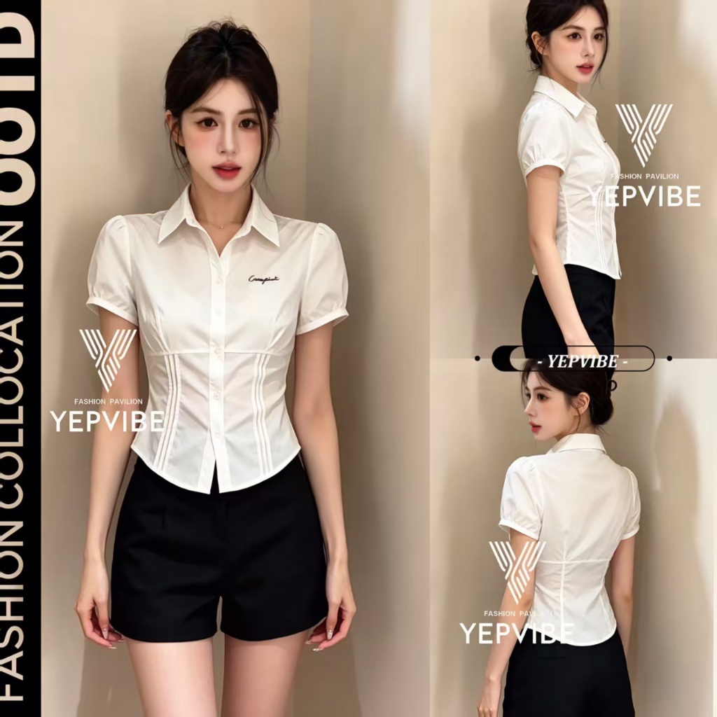 เสื้อเชิ้ตแขนตุ๊กตา มีไซส์ S-2XL แต่งจีบเกร็ดช่วงเอวพรางพุง ปักโลโก้อกน่ารัก สไตล์คุณหนู