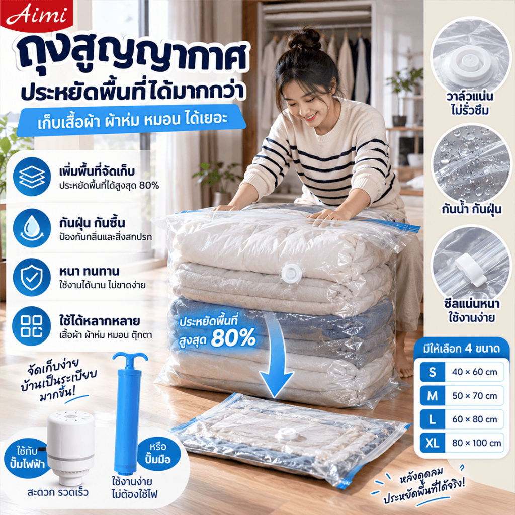 Aimi ถุงสูญญากาศ ถุงเก็บผ้าห่ม เสื้อผ้า หมอน ลดพื้นที่จัดเก็บ กันฝุ่นกันชื้น ซีลแน่น ใช้งานง่าย มีหลายขนาด