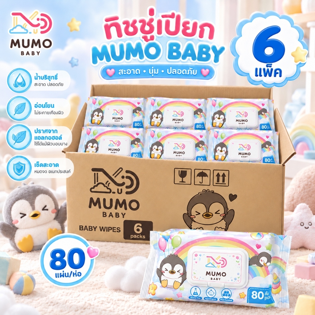 [6 ห่อ] Momu Baby Wipes ทิชชู่เปียกเด็ก ทิชชู่เปียกสำหรับเด็ก สูตรอ่อนโยน แผ่นใหญ่หนานุ่ม น้ำบริสุทธิ์ EDI 1 ห่อ 80 แผ่น