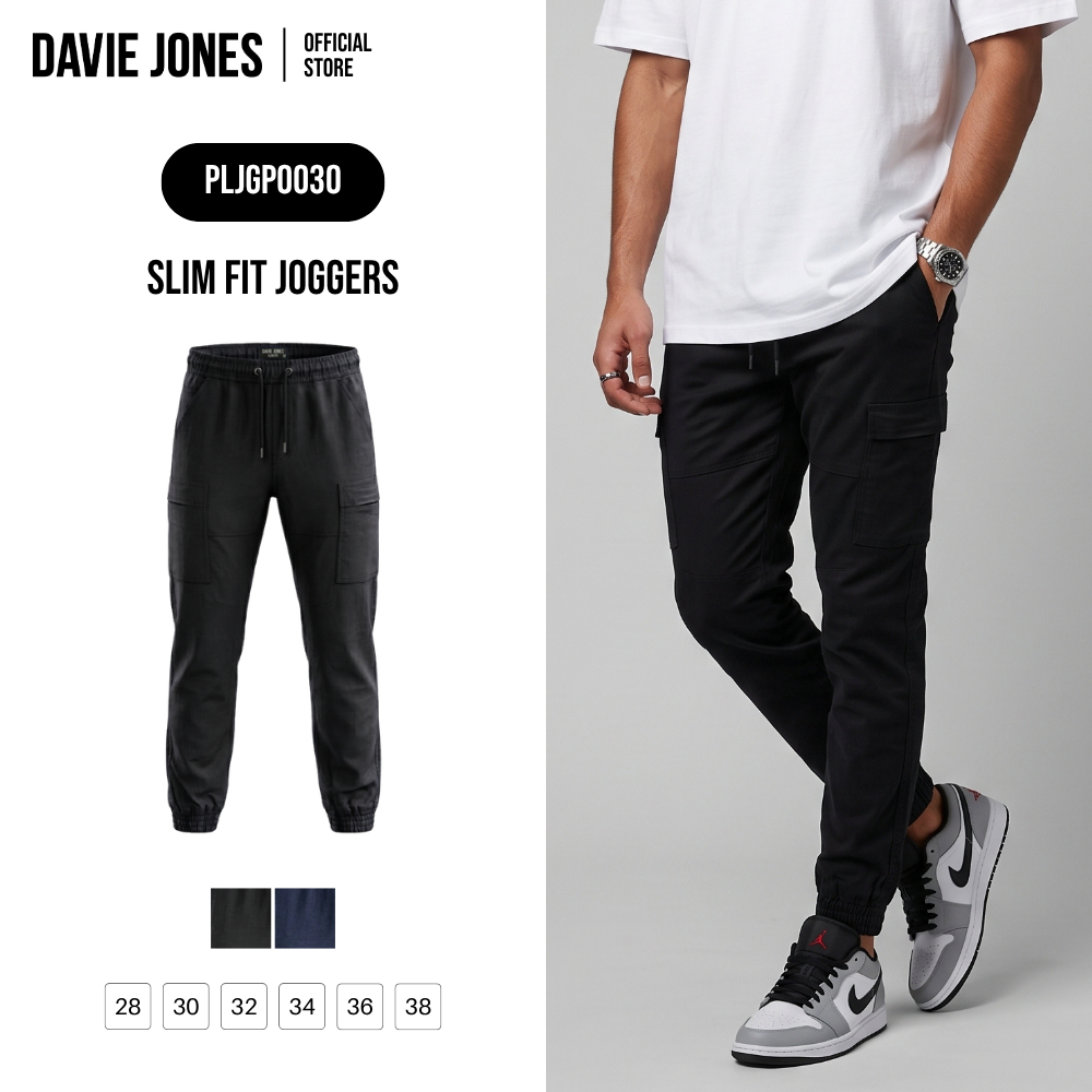 DAVIE JONES [BE FEARLESS] กางเกงจ็อกเกอร์ผู้ชาย Slim Fit Joggers สีดำ กรม GP0030