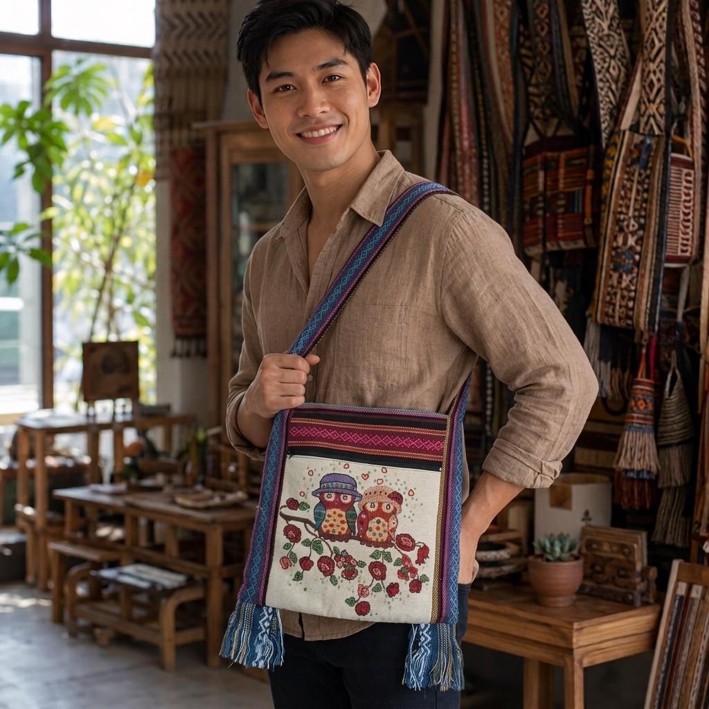 ย่ามลายนกฮูก กระเป๋าย่าม ผ้าพื้นเมือง ไซส์ 8/9/12 นิ้ว  2ช่อง 2ซิป กระเป๋าสะพายข้าง มีซับใน ผ้านากาลายสวย ใช้ทน คละลาย