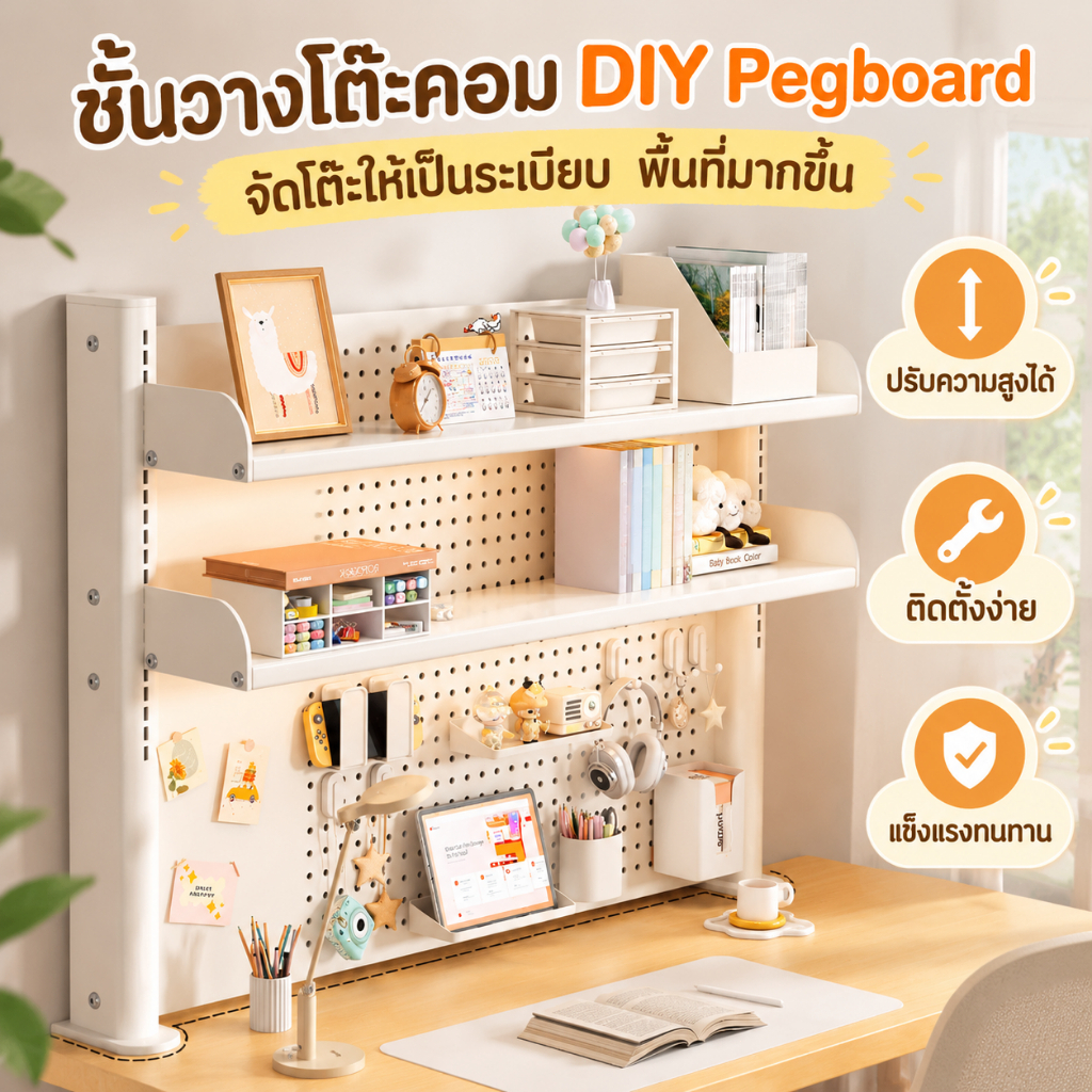 ชั้นวางโต๊ะคอม DIY Pegboard ปรับความสูงได้ โต๊ะเก็บของบนโต๊ะ ประหยัดพื้นที่เหล็กแข็งแรง