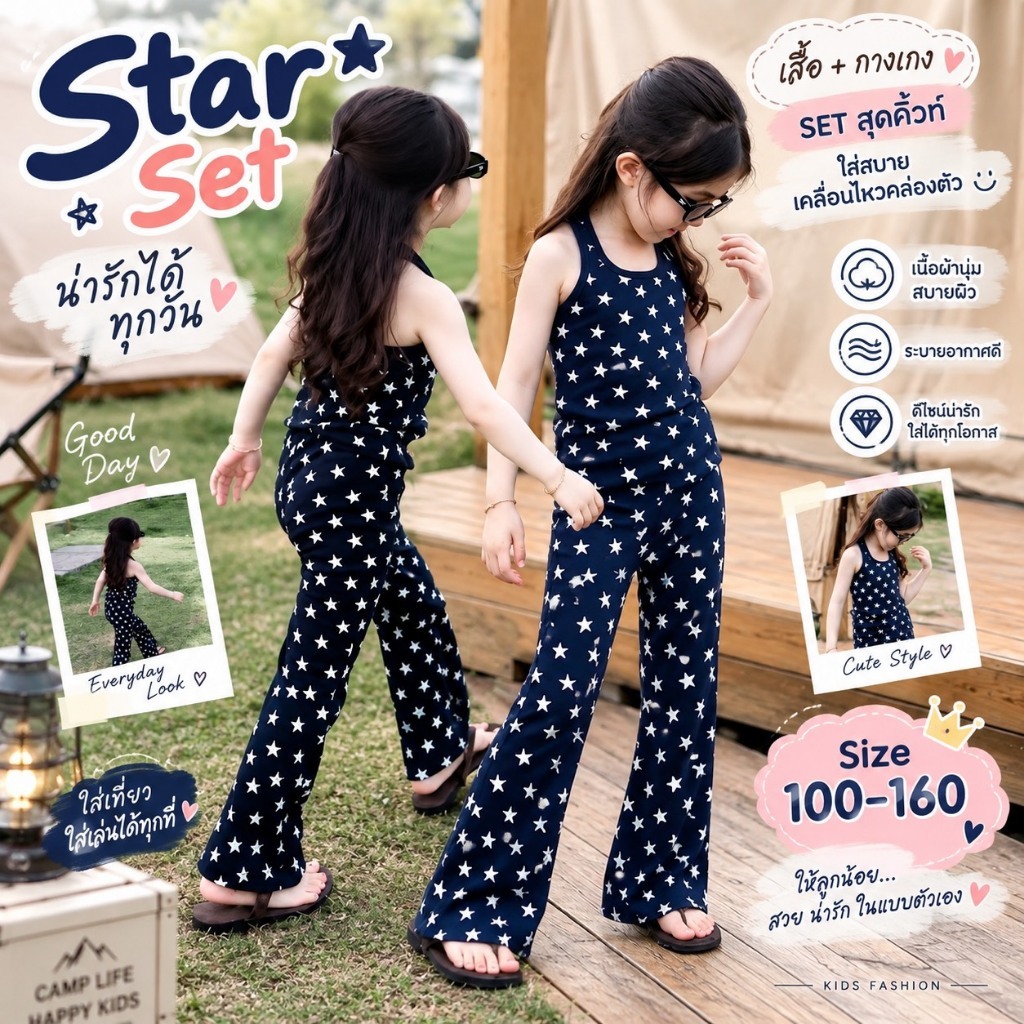BB151 Star Set ชุดเซ็ตเด็กผู้หญิง เสื้อกล้ามลายดาว + กางเกงขายาว ใส่สบาย น่ารักมาก