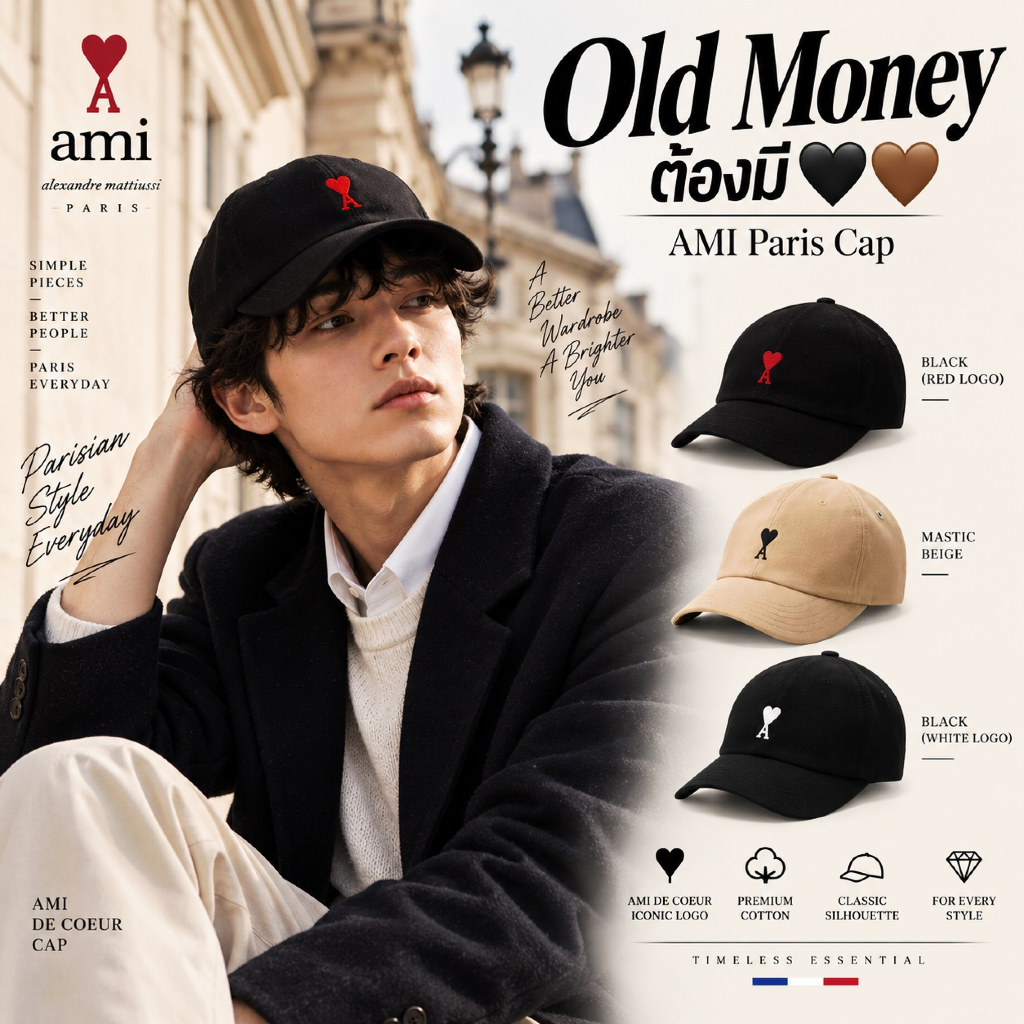 🇰🇷AMI Paris Ami de Coeur Cap หมวกแก๊ป ปักโลโก้หัวใจ Black Mastic Beige 🖤🤎 Old Money #preorderoppa