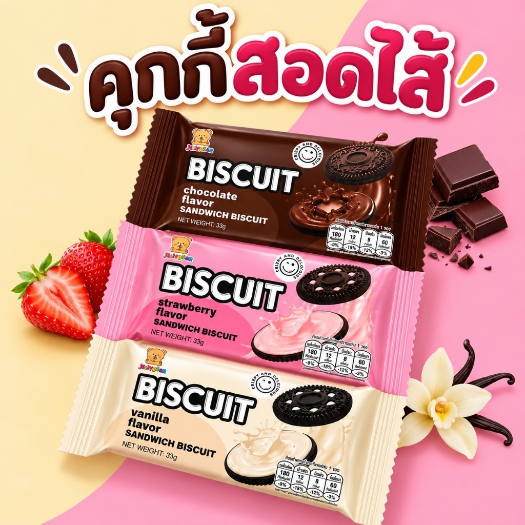 [ชิ้น] SANDWUCH BISCUIT คุ๊กกี้แซนวิชสอดไส้ครีม (ตราเจลลี่แบร์) พร้อมส่ง