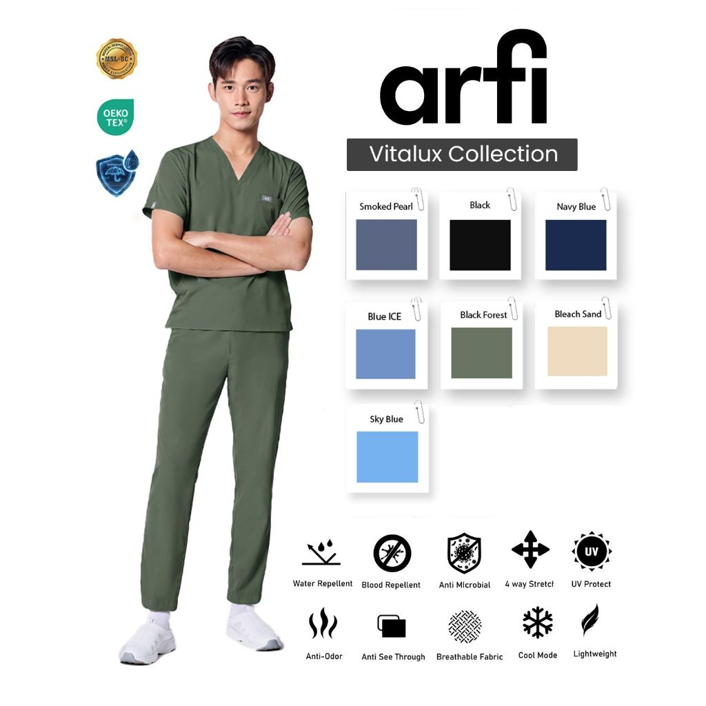 Arfi Scrub Vitalux Male Set ชุดสครับรุ่นขาตรงผู้ชาย ผ้าสะท้อนน้ำ ป้องกันแบคทีเรีย ยับยาก ผ้ายืด 4 ทิศทาง ใส่สบาย