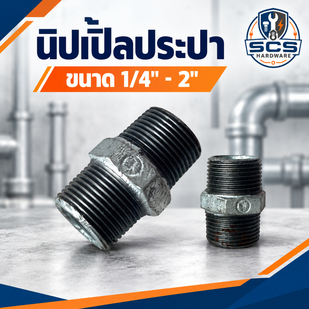 นิปเปิ้ล ประปา ขนาด 1/4" - 2นิ้ว นิเปิ้ลเหล็ก ข้อต่อเหล็ก เกลียวนอก อุปกรณ์ประปา Galvanized Hexagon Nipple