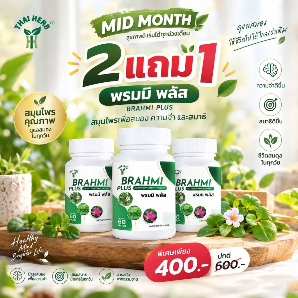 Thaiherb พรมมิพลัส ขนาด60แคปซูล/ขวด