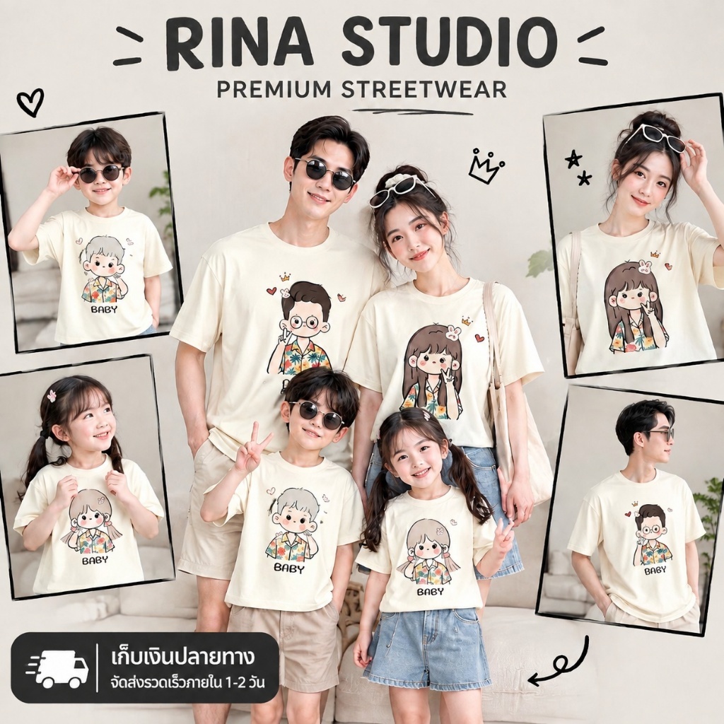 🔥พร้อมส่ง&COD🔥RINA STUDIO🔥 ชุดครอบครัว เสื้อยืดคอกลมแขนสั้น ผ้าฝ้าย สำหรับ4คน เหมาะสำหรับท่องเที่ยวและพักร้อน A324#1