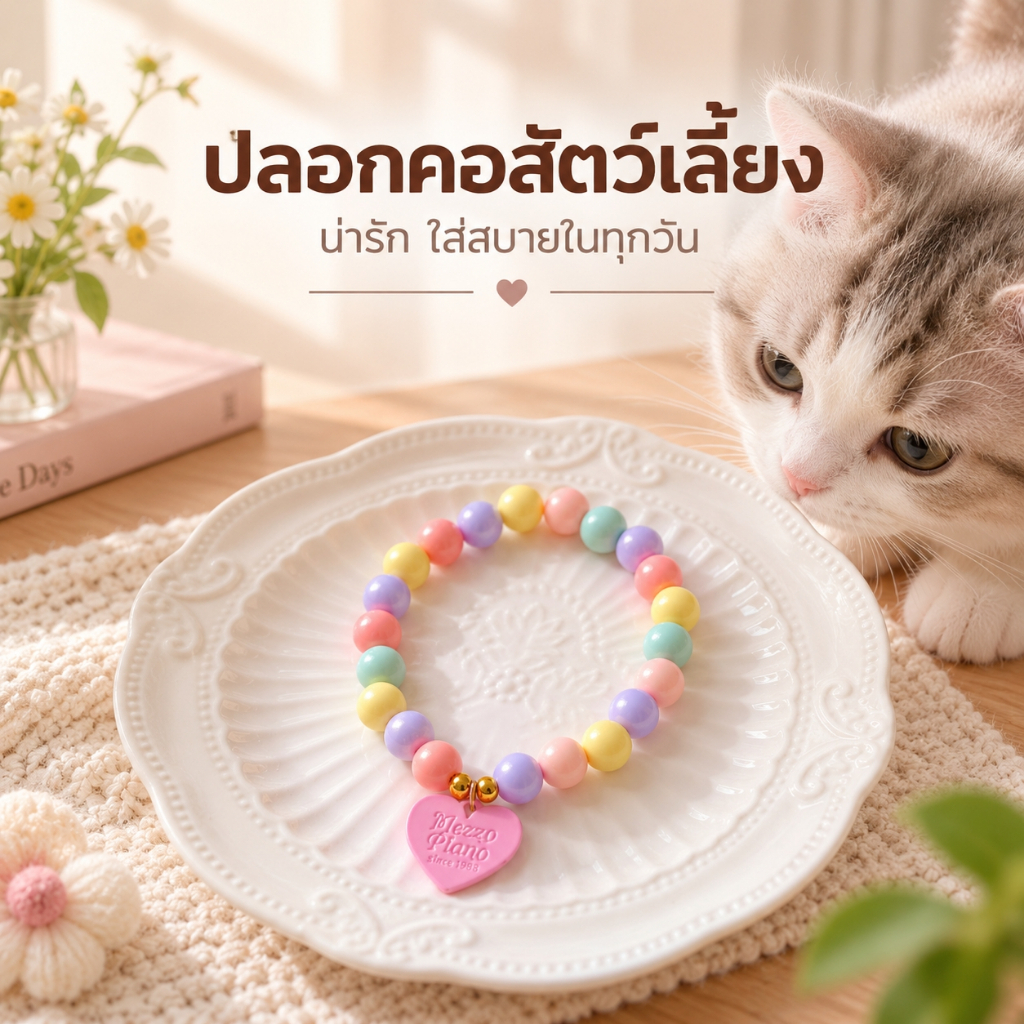 ปลอกคอลูกปัดหัวใจ ปลอกคอแมวลูกปัดพาสเทล จี้หัวใจน่ารัก ปลอกคอแมวแฟชั่น ปรับยืดได้ ใส่สบาย น้ำหนักเบา