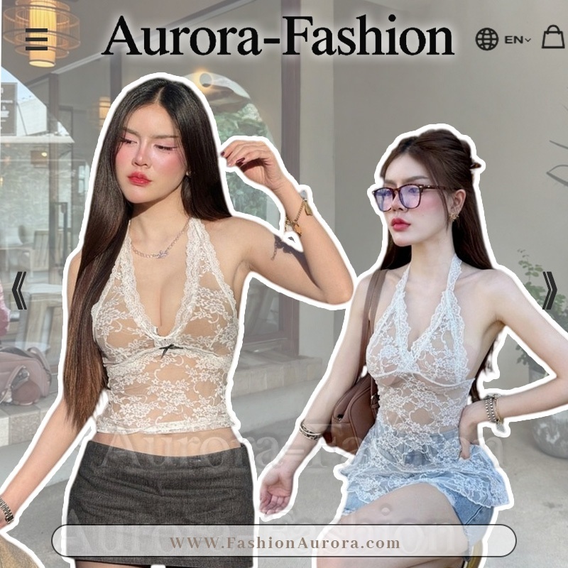 Aurora พร้อมส่ง (รูปถ่ายจากงานจริง) เสื้อคล้องคอแบบผูกคอวี ผ้าเลซโปร่งแสง ปรับหุ่นสวย สไตล์หวานเผ็ดเซ็กซี่