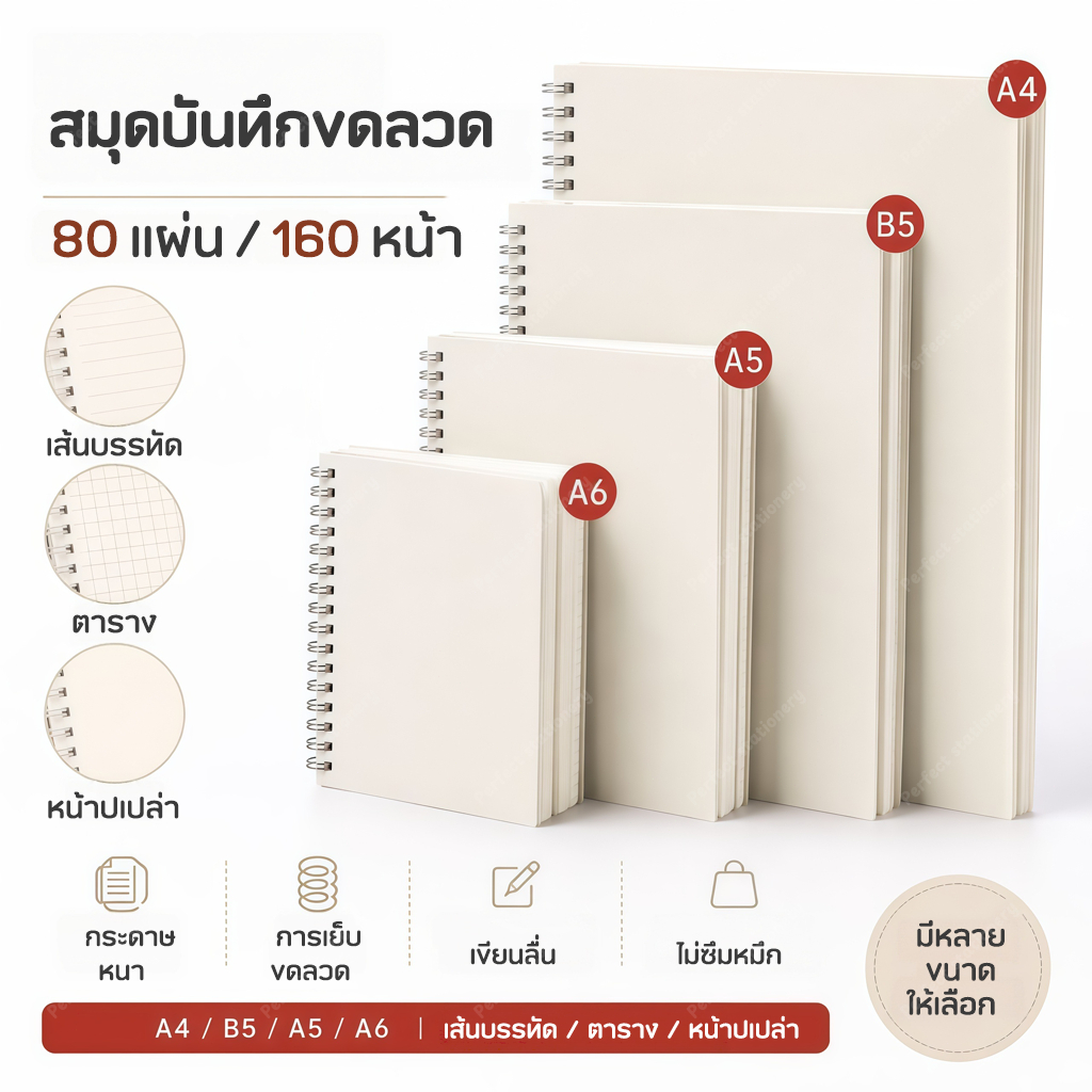 สมุดโน้ตขนาด A4/A5/A6/B5 สมุดโน้ตเรียบง่าย ความจุสูง มีให้เลือก 4 ขนาด และ 3 ประเภทกระดาษ: มีเส้น ไม่มีเส้น และตาราง