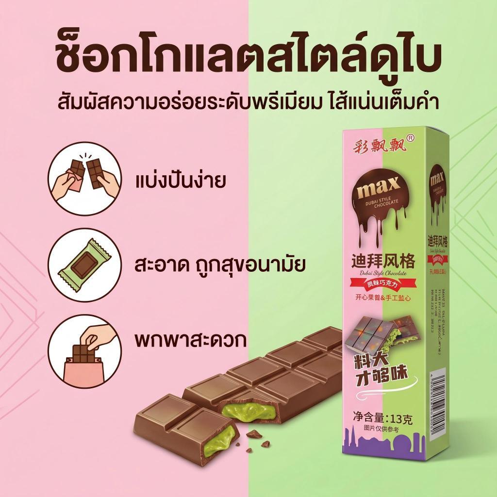 THTB ช็อกโกแลตดูไบ 13 กรัม ช็อกโกแลตยอดฮิต รสชาติอร่อย เคี้ยวหนึบ ขนมทานเล่น พกพาง่าย