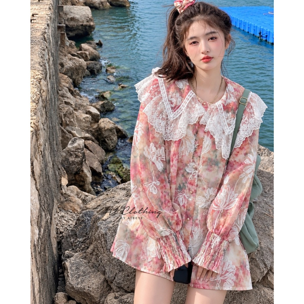 [ รุ่น Peony Lace ] เสื้อแขนจั้ม คอปกใหญ่แต่งระบายลูกไม้ งานปักทั้งตัว