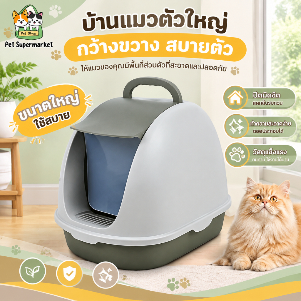 กระบะทรายแมวขนาดใหญ่ cat litter box ฝาปิดกันกลิ่น มีหลายสีและขนาดให้เลือก ห้องน้ำแมวใหญ่ ถาดทรายแมว ห้องน้ำแมวตัวใหญ่