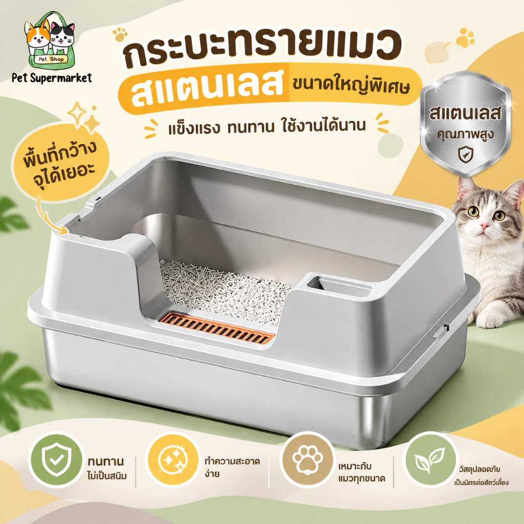 กะบะทรายแมว 60CM ขอบสูง ใช้สแตนเลสหนาพิเศษ กล่องทรายกึ่งเปิด cat litter box ห้องน้ำแมวตัวใหญ่ กระบะทรายแมว