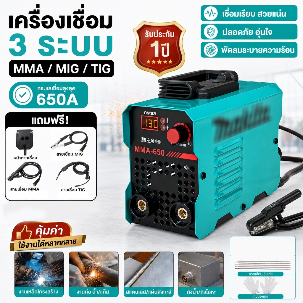 MMA-650 ยาว 3เมตร ตู้เชื่อมไฟฟ้า 2 ระบบ ตู้เชื่อมอาร์กอน ไม่ต้องใช้ก๊าส CO2 เชื่อมท่อ-งานโครงสร้าง